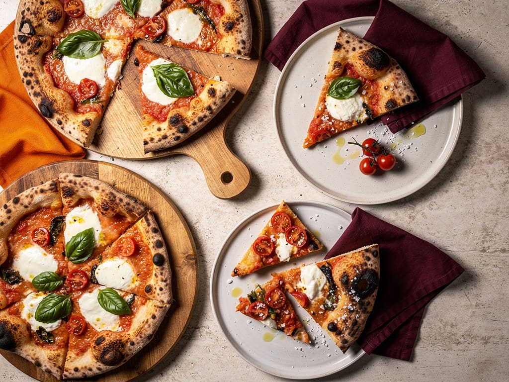 Pizze napoletane, tranci e focacce farcite su un banco